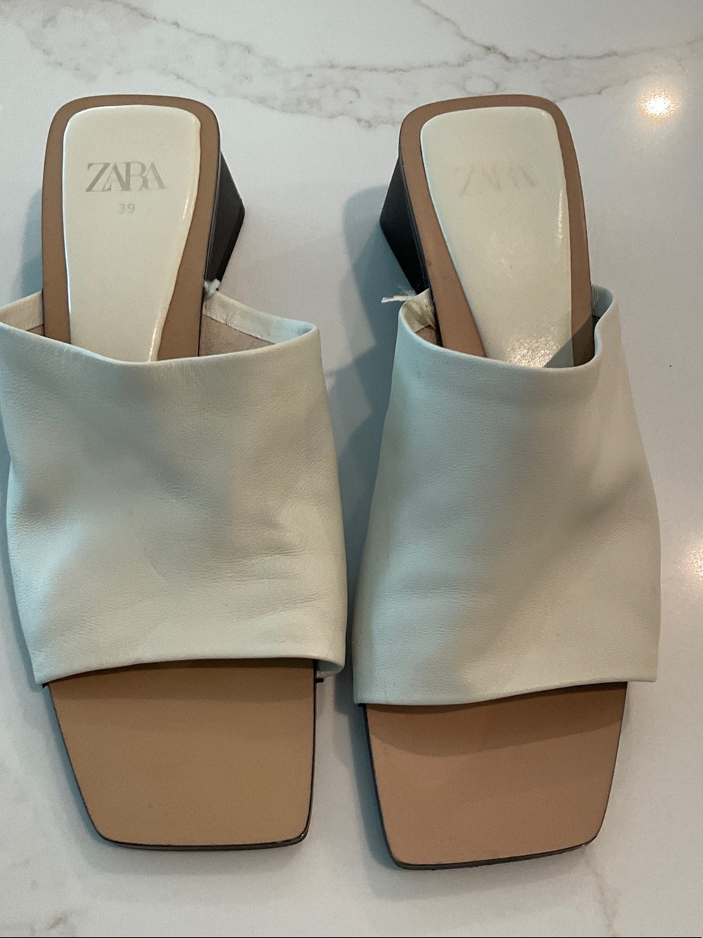 Zara Cream Leather Square-Toe Slide Mules
